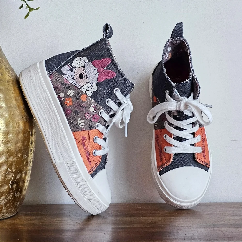 🎀 Disney Minnie Mouse Floral High-Top Sneakers | Kids Size 2 | Canvas Patchwork